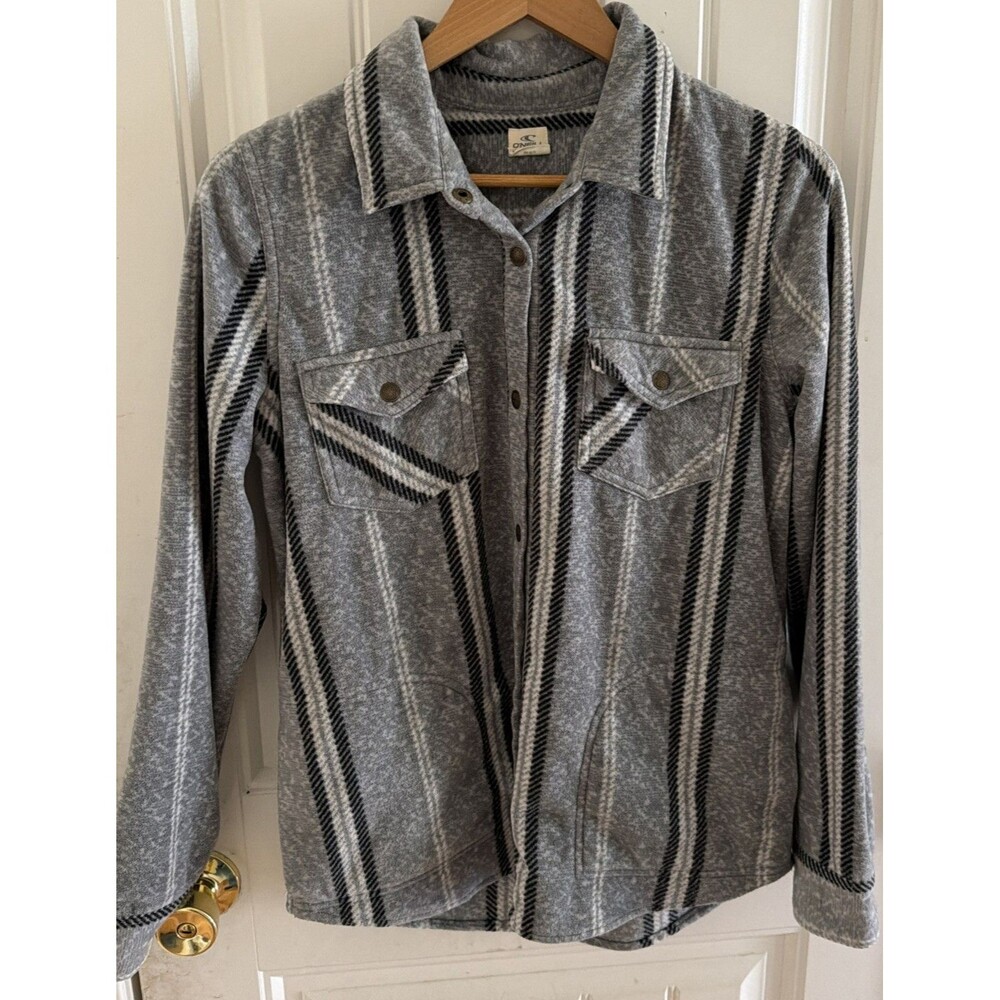 O'Neill Womens Zuma Grey Striped Fleece Snap Button Shirt Jacket Size Medium